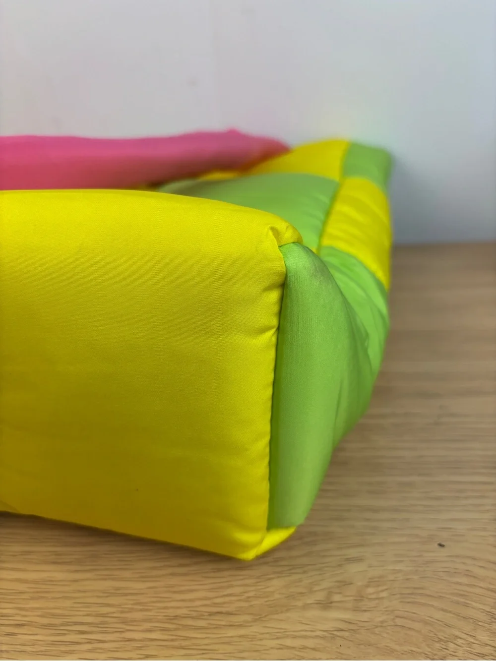 Fruit Riot! Puffy Quilted Green Yellow Checkered Tote Bag Pink Handles LIKE NEW!